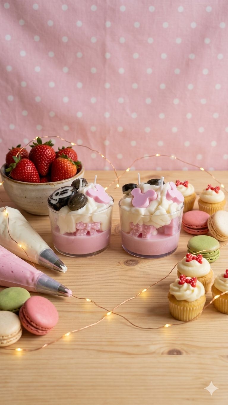 🍓🎀 Vela Artesanal "Minnie Mouse": Magia y tarta de fresa🎀🍓